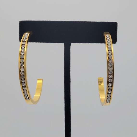Vintage NEW Gold Tone & Clear Rhinestone Hoop Earrings Costume Jewelry Statement Retro Accessories Women 2" Diameter Circles Hoops Line Row