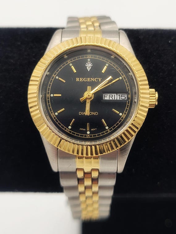 Vintage Regency Diamond Two Tone Ladies Bracelet Watch Costume Jewelry Women Statement 25 mm Textured Water Resistant Day Date Dial