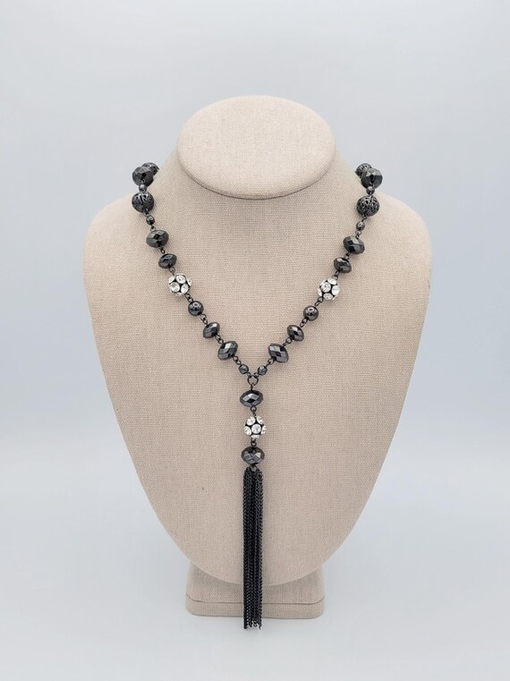 Vintage NEW Black Gunmetal Curb Chain Beaded & Rhinestone Sphere Y Tassel Necklace Lariat Costume Jewelry Retro Statement Women Adjustable