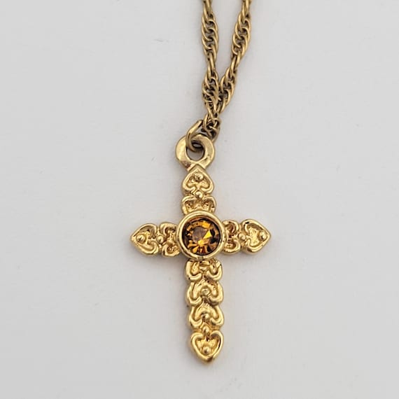 Vintage Avon Gold Tone & Faux Topaz Cross Pendant Necklace with 15" Rope Chain Costume Jewelry Retro Statement Girls November Birthstone