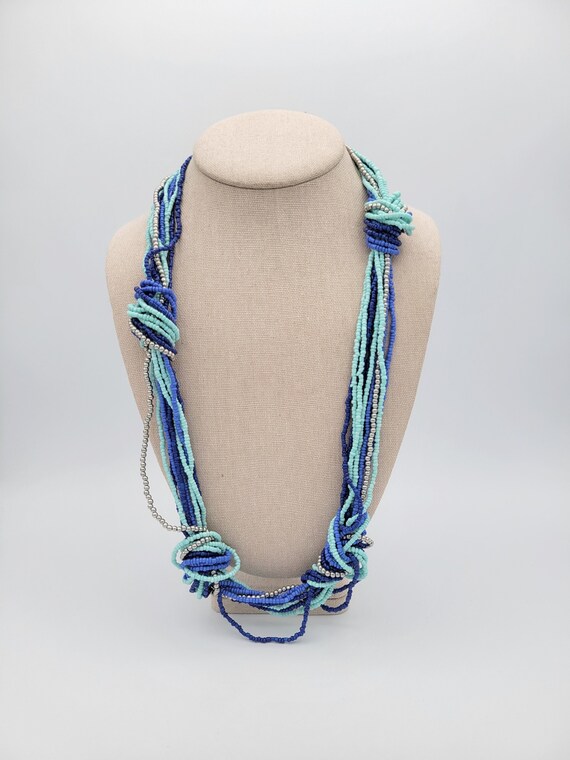 Vintage Multi-Strand Blue & Silver Tone Beaded and Knotted Necklace Costume Jewelry Retro Statement Women Accessories Long Adjustable Bib