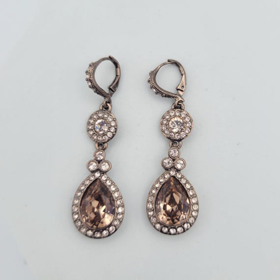 Givenchy Brown Tone Double Drop Crystal Pear Shaped Earrings Costume Jewelry Retro Statement Women Faceted 2 1/8" Rhinestone Encrusted