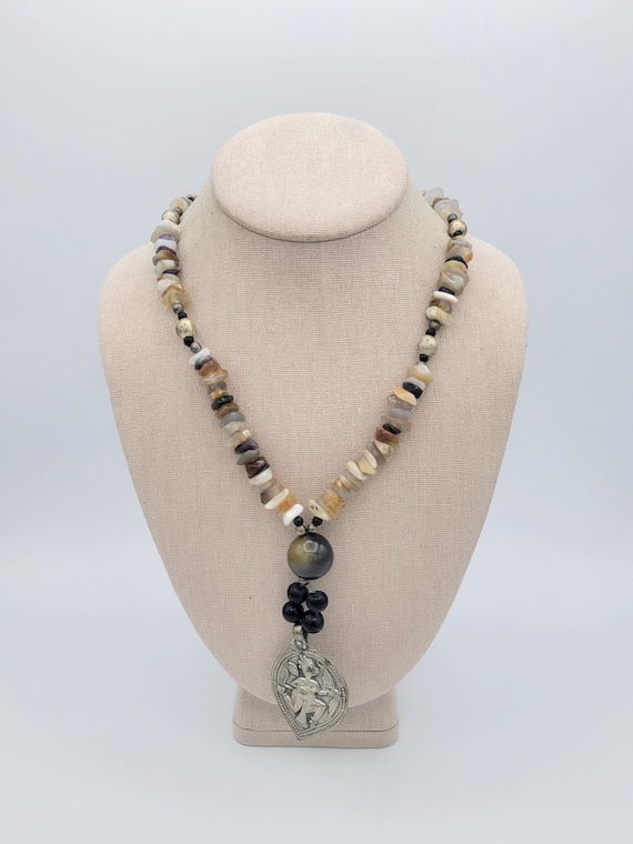 Vintage Quartz & Jasper Nugget Beaded Necklace with Silver Tone Hindu Hanuman Pendant Costume Jewelry Statement Retro Asian India God Rama