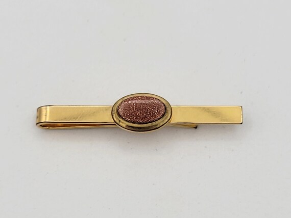 Vintage 1970s Corel 1/20 Gold Fill & Sunstone Men's Tie Clip Costume Jewelry Suit Retro Statement Accent Coro Bar 1 5/8" Oval Cabochon Small