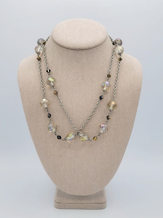 Vintage Elegant Silver Tone & Clear Faceted Bead Art Nouveau Style Long Chain and Link Necklace Costume Jewelry Retro Statement Women 41"
