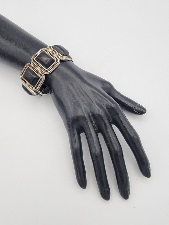 Vintage Silver Tone & Faux Black Onyx Cabochon Rectangular Link Stretch Bracelet Costume Jewelry tatement Women Bangle Cuff Thick Wide