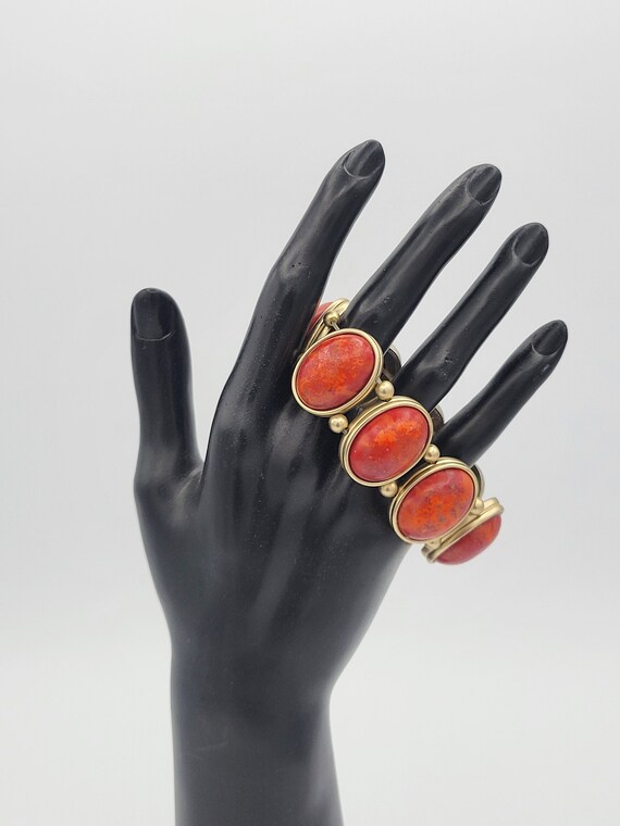 Vintage Gold Tone & Faux Red Coral Cabochon Beaded Stretch Bracelet Costume Jewelry Retro Statement Women Adjustable Bangle Cuff Thick Wide