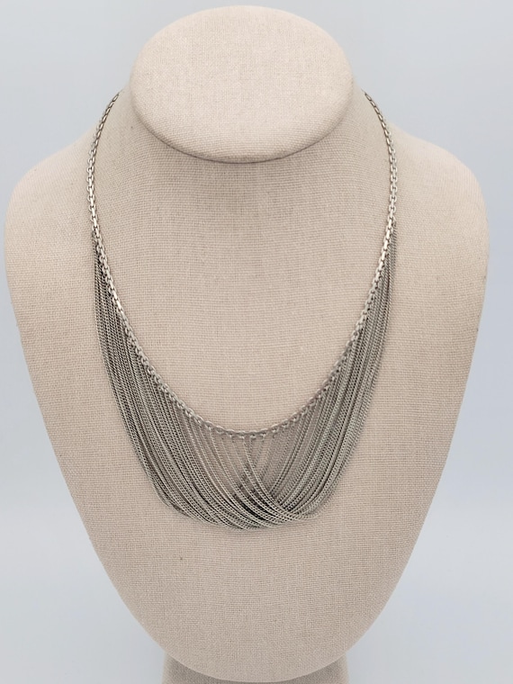 Vintage 1970s .925 Sterling Silver Chain Necklace with Chain Drape Bib Costume Jewelry Ladies Retro Statement Accessories Curb Cable Chains