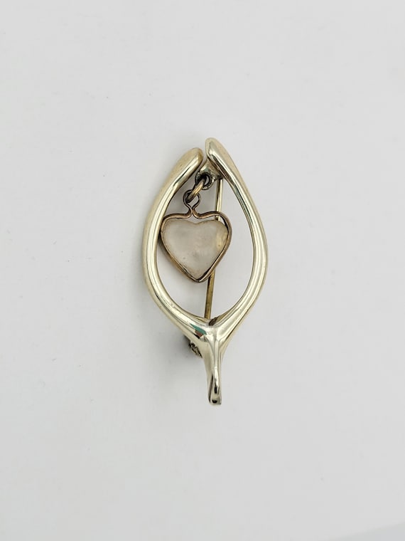 Vintage Silver Tone Wishbone Brooch with Clear Glass Heart Dangle Costume Jewelry Retro Statement Women Pin Openwork Love Good Luck Chrome