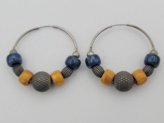 Vintage Silver Tone Hoop Earrings with Silver-Tone, Blue & Yellow Beaded Accents Costume Jewelry Statement Retro Accessories Women 1 1/2"