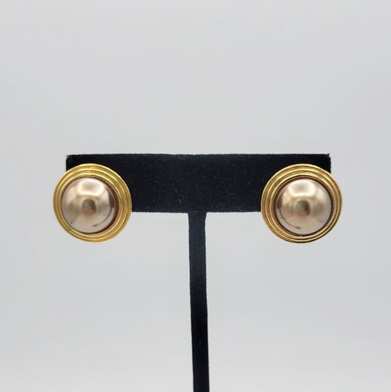Vintage Two Tone Faux Pearl Stud Earrings Costume Jewelry Retro Women Statement 3/4" Silver & Gold Tone Gray Bead Minimalist Simple Elegant