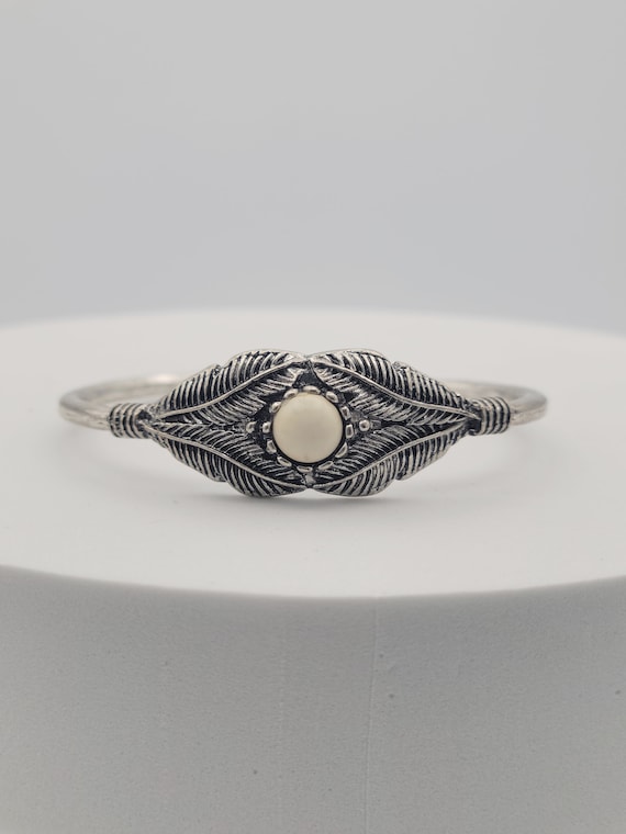 Vintage Silver Tone Leaf Motif Cuff Bracelet with White Cabochon Stone Costume Jewelry Retro Statement Women Leaves Textured Black Enamel