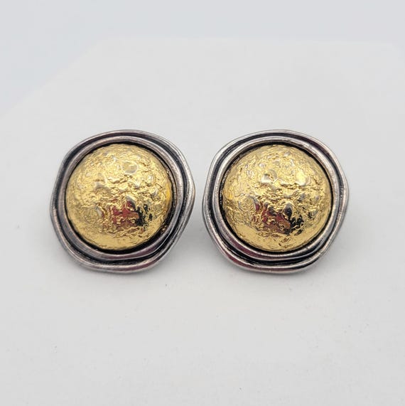 Vintage Liz Claiborne Two Tone Textured Domed Round Stud Earrings Costume Jewelry Women Statement Retro Accessories Silver & Gold Tone