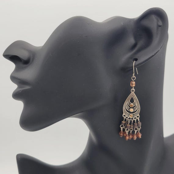 Vintage Silver Tone Bohemian Style Dangle Earrings with Brown Rhinestones & Beads Costume Jewelry Retro Women Statement Openwork Teardrop