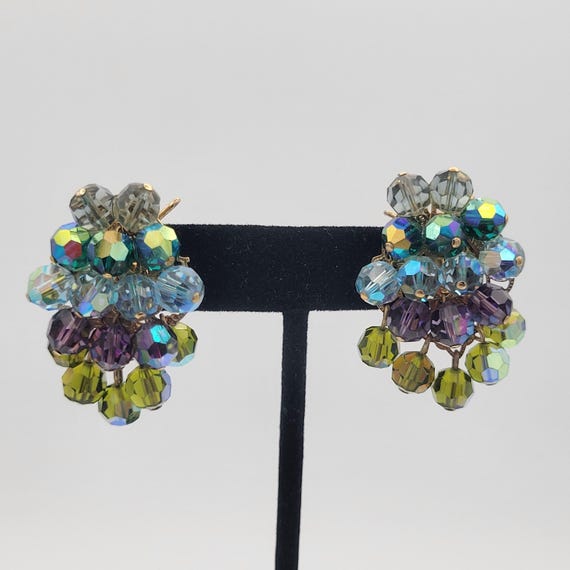 Vintage 1950s Gold Tone Gradient Beaded Dangle Wingback Clip On Earrings Costume Jewelry Oversize Chunky Oval Green Blue Purple Iridescent