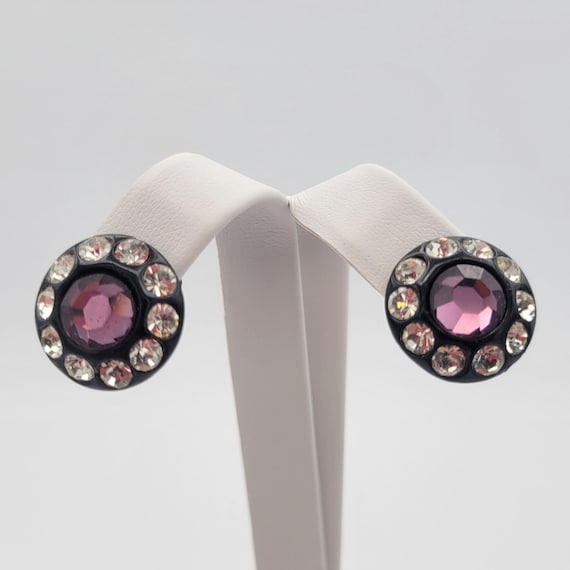 Vintage Black Gunmetal with Faux Amethyst & Clear Faceted Rhinestone Clip On Stud Earrings Women Accessories Statement Costume Jewelry
