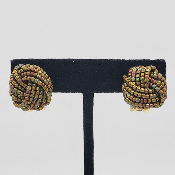 Vintage Chunky Gold Tone & Copper Tone Beaded Knot Stud Clip On Earrings Costume Jewelry Retro Big Oversize Woven Weave Ball Button Round