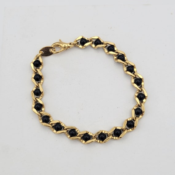 Vintage 1990s Avon Captured Treasure Gold Tone Curb Chain Bracelet with Black Beaded Accents Costume Jewelry Retro Statement Women Ladies