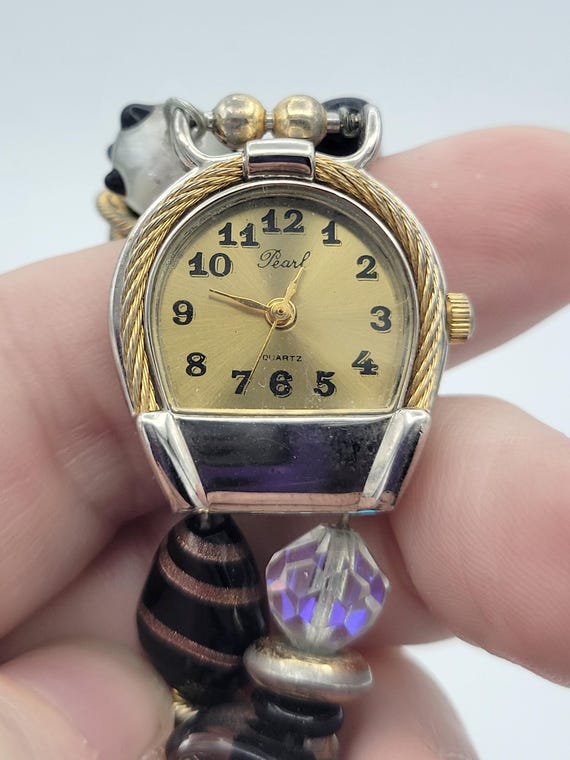 Vintage Pearl Brand Two Tone Horse Themed Ladies Bracelet Watch with Black Beaded Band Costume Jewelry Retro Women Statement Timepiece
