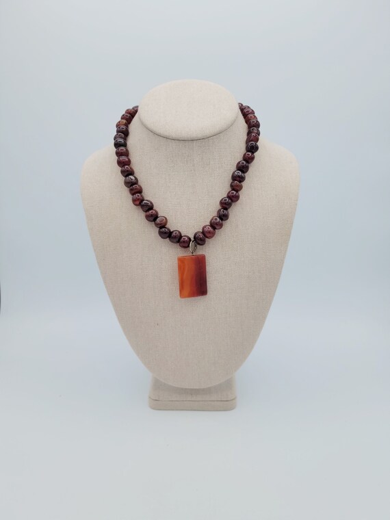 Vintage Brown & Orange Agate Beaded Necklace with Initial "C" Pendant Costume Jewelry Retro Women Accessories Statement Natural Stone Etched