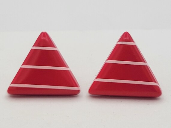 Vintage 1980s Pinkish Red Geometric Triangle Earr… - image 2