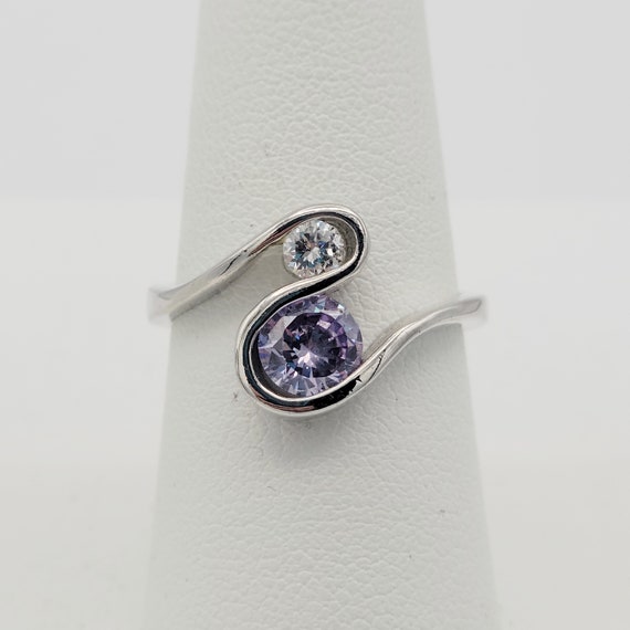 Vintage NEW Silver Tone &  Faux Amethyst Cocktail Ring Costume Jewelry Statement Retro Accessories Women Size US 7 1/2 2 Stones Clear Purple