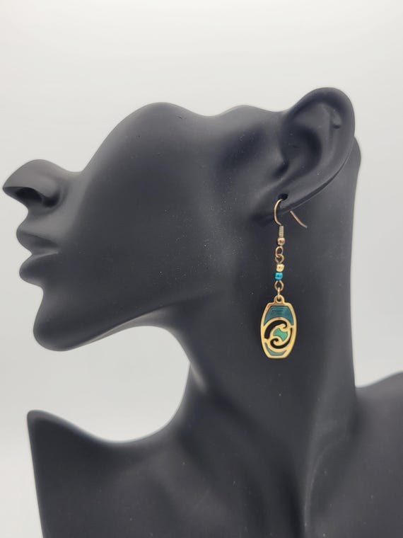 Vintage 1990s Berebi Gold Tone Openwork Rounded Rectangle Beaded Dangle Earrings with Teal Enamel Costume Jewelry Retro Women Statement