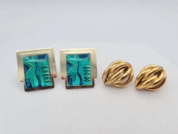 2 Pair of Vintage Retro Design Earrings Two Tone Rectangles with Aqua Image, Gold Tone Knot Studs Costume Jewelry Women Statement