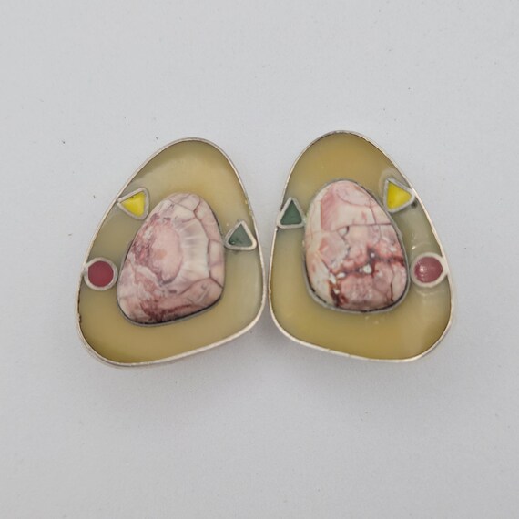 Vintage 1950s Victor Carranza Clip On Earrings Two Designs Available Costume Jewelry Statement Retro Women Agate & Jasper Pink Blue Stones