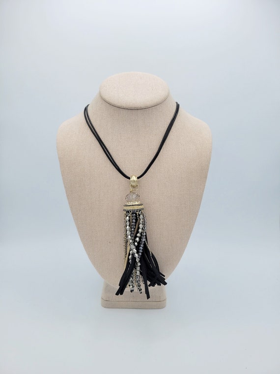 Vintage Chico's Corded Gold-Tone & Black Faux Leather Tassel Necklace with Beaded Accents Costume Jewelry Retro Statement Adjustable Women