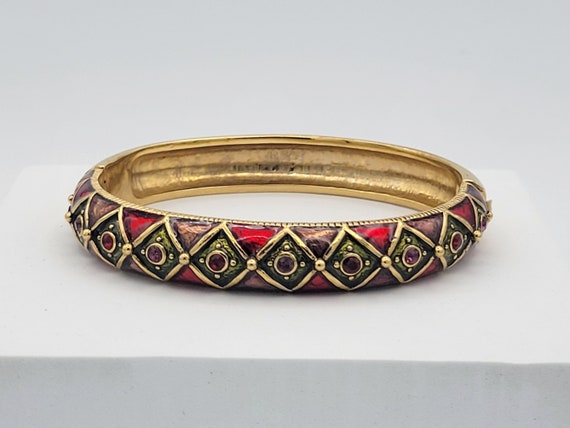 Vintage Gold Tone Hinged Bangle Bracelet with Red, Green & Purple Enamel and Rhinestones Costume Jewelry Retro Women Accessories Statement