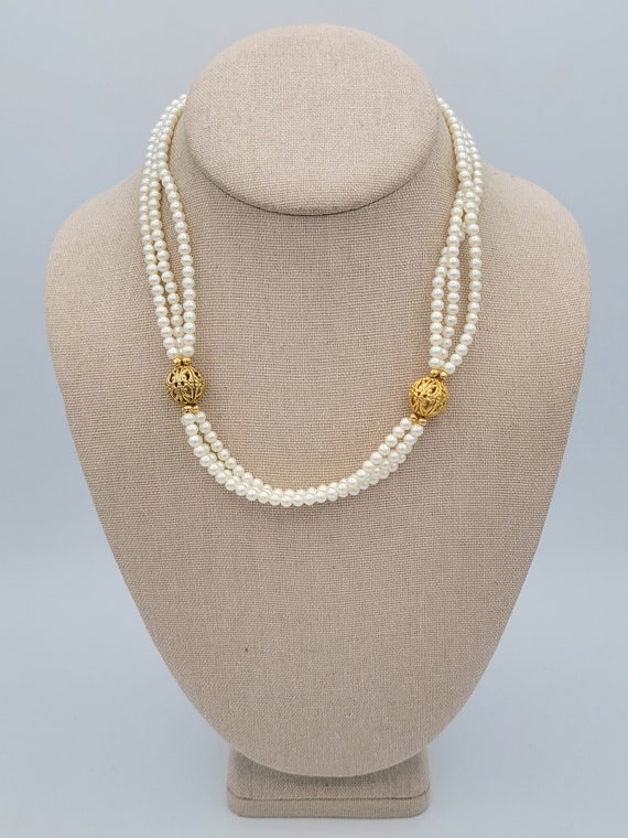 Vintage 1990s Trifari 3 Strand Faux Pearl Beaded Necklace with Gold Tone Accents Costume Jewelry Retro Statement White Beads 18" Long Sphere