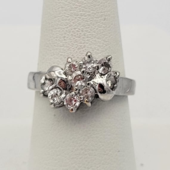 Vintage Silver Tone CZ Cluster Cocktail Ring Costume Jewelry Statement Retro Accessories Women Size US 7 3/4 Round Brilliant Cut Chrome