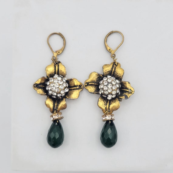 Vintage Gold Tone & Rhinestone Floral Dangle Earrings with Dark Green Teardrop Beads Costume Jewelry Retro Women 2 5/8" Flowers Dome