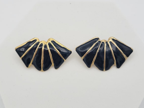 Vintage 1980s Lightweight Gold Tone & Navy Enamel Fan Stud Earrings Costume Jewelry Retro Women Statement Wide Blue Pleated Curved Wings