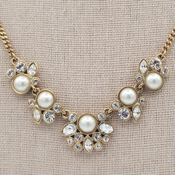 RARE Vintage Givenchy Gold Tone Curb Chain Bib Necklace with Rhinestones & White Faux Pearls Costume Jewelry Retro Statement Links Clusters