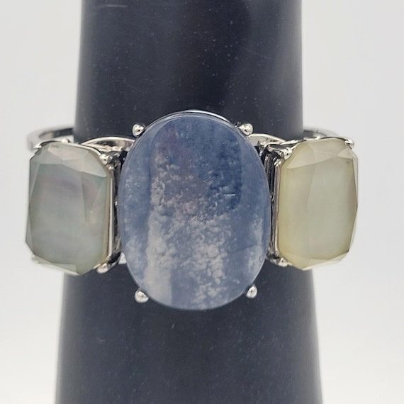 Vintage Silver Tone Openwork Clamper Bangle Bracelet with 3 Large Faux Mineral Stones Costume Jewelry Retro Hinged Thick Chunky Wide Cuff
