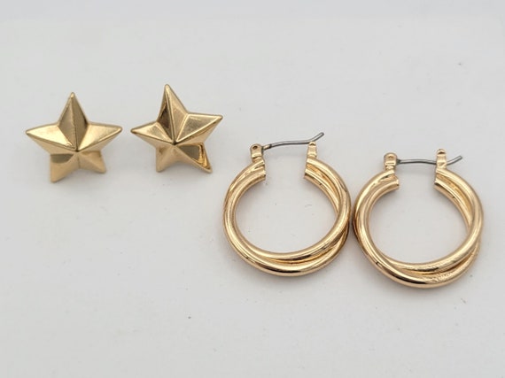 Two Pairs of Vintage Gold Tone Earrings - Hoops & Stars Costume Jewelry Statement Accessories Women Studs Dangles Chrome Double Loop Shiny