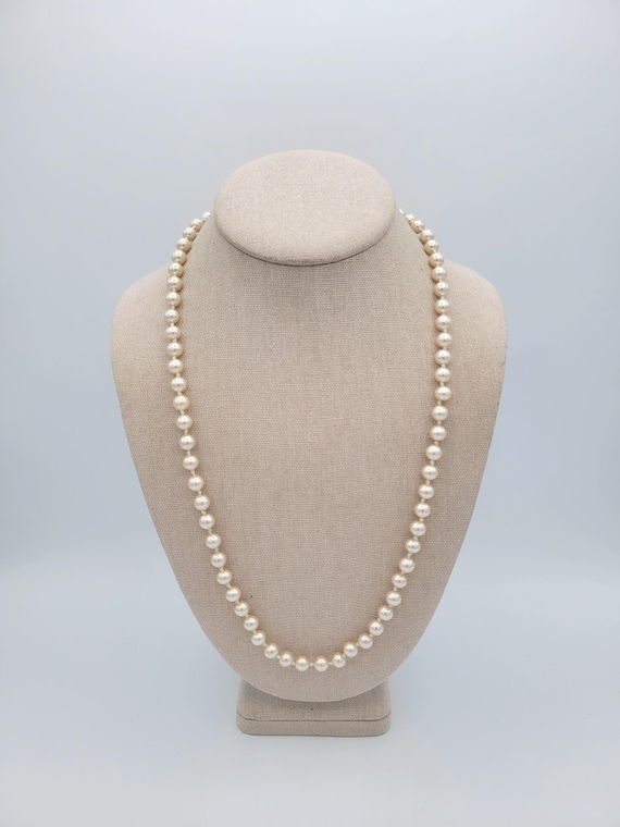 Vintage 1960s Japan Single Strand Ivory Faux Pearl Hand Knotted Beaded Necklace with Fish Hook Clasp Costume Jewelry Retro Statement Women