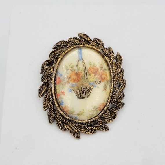 Vintage Gold Tone Porcelain Flower Basket Cameo Brooch Costume Jewelry Retro Statement Women Pin Floral Art Nouveau Victorian Leaves Leaf