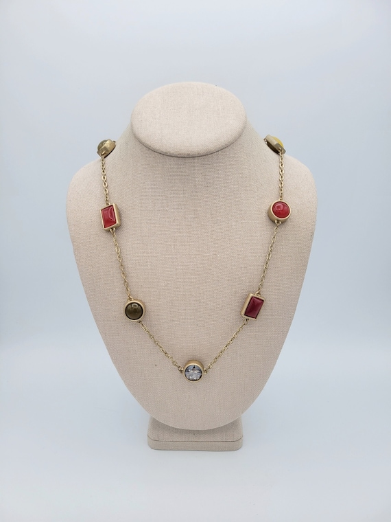 Vintage Ann Taylor Loft Gold Tone Cable Chain Necklace with Rhinestones & Round and Rectangular Cabochons Costume Jewelry Retro Statement