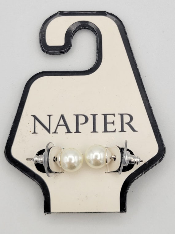 Vintage NEW Napier Silver Tone & White Faux Pearl Bead Stud Earrings on Rack Card Costume Jewelry Statement Accessories Women Retro Classic