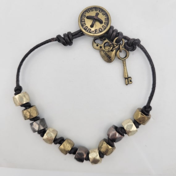 Vintage Fossil Brown Leather Cord & Two Tone Beaded Bracelet With