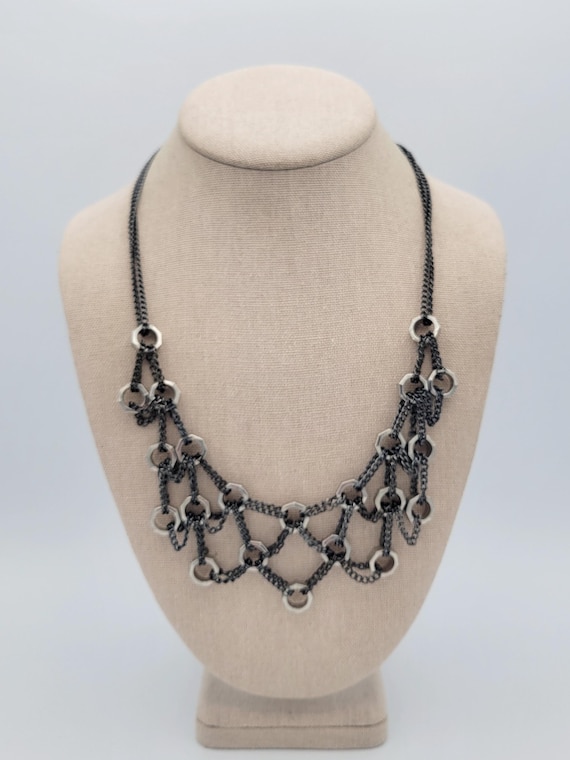 Vintage Lane Bryant Industrial Black Gunmetal Curb Chain & Silver Tone Nut Bib Necklace Costume Jewelry Retro Statement Women Adjustable