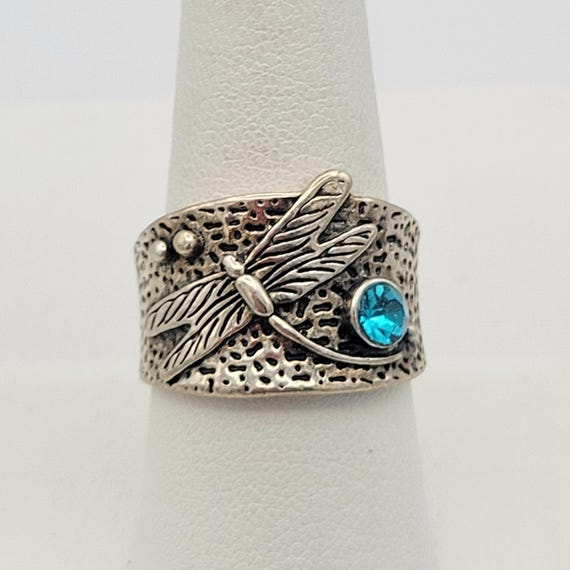 Vintage Silver Tone Dragonfly & Blue Rhinestone Wide Band Women's Statement Right Hand Ring Band Costume Jewelry Thick Thumb Hammered