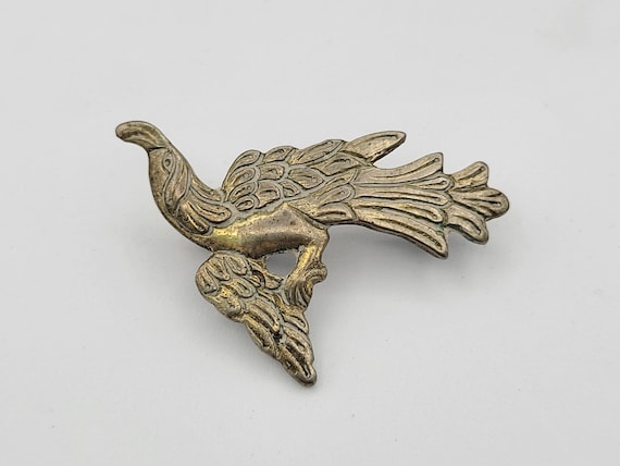 Vintage 1950s Brass Asian-Inspired Peacock Brooch Costume Jewelry Retro Statement Women Pin Accessories Feathers Wings Bird Gold Tone