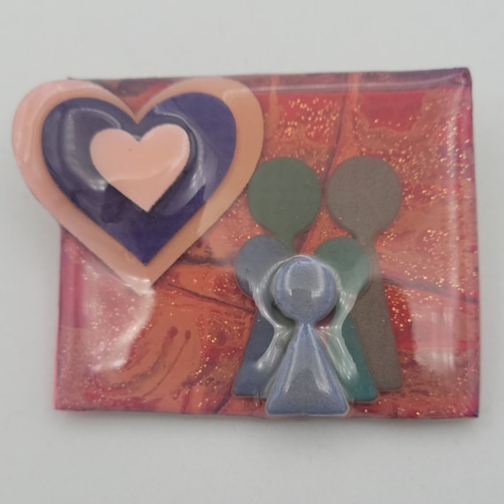 Vintage 1980s Little People Pins by Lucinda Plastic & Resin Rectangular Brooch Costume Jewelry Retro Statement Women Pin Hearts Love Pink