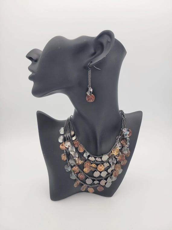 Vintage Yousi Black Gunmetal Disc Charm Jewelry Set with Necklace and Dangle Earrings Costume Jewelry Retro Women Statement Bronze Bib