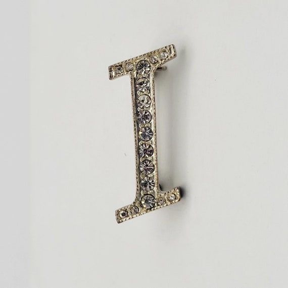Vintage Silver Tone Rhinestone Encrusted Initial "I" Brooch Lapel Pin Costume Jewelry Retro Statement Women 1 1/4" x 3/4" Letter Capital