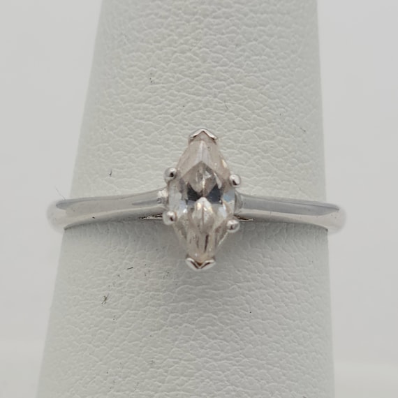 Vintage 18KT GP Silver Tone & Marquise Cut CZ Solitaire Cocktail Ring Costume Jewelry Statement Retro Accessories Women Size US 7 1/2